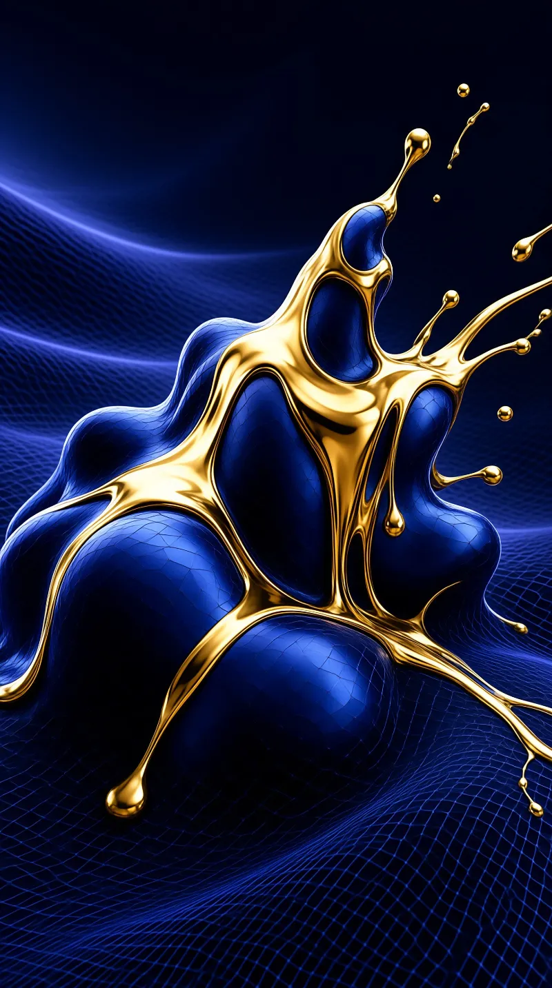 Shiny gold liquid splashes upward while dark blue fluid spreads across a three-dimensional wireframe surface.