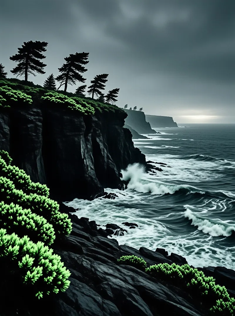 Dark rock cliffs topped with pine trees overlook a churning ocean filled with white foam under a heavy grey sky