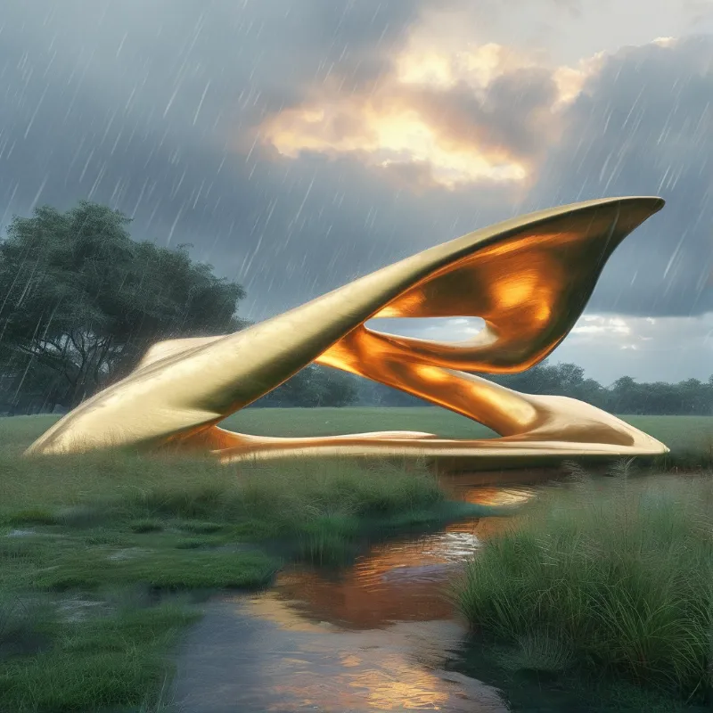 A polished bronze form sweeps upward over a wet meadow, its amber underside mirrored in a shallow stream during rain.