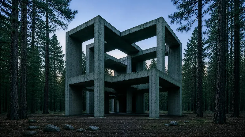 A large interlocking concrete cube structure stands amidst a dense pine forest at dusk, with the sky showing soft blue and pink hues
