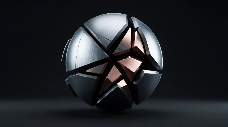 A segmented silver sphere with a copper core floats in the darkness reflecting light.