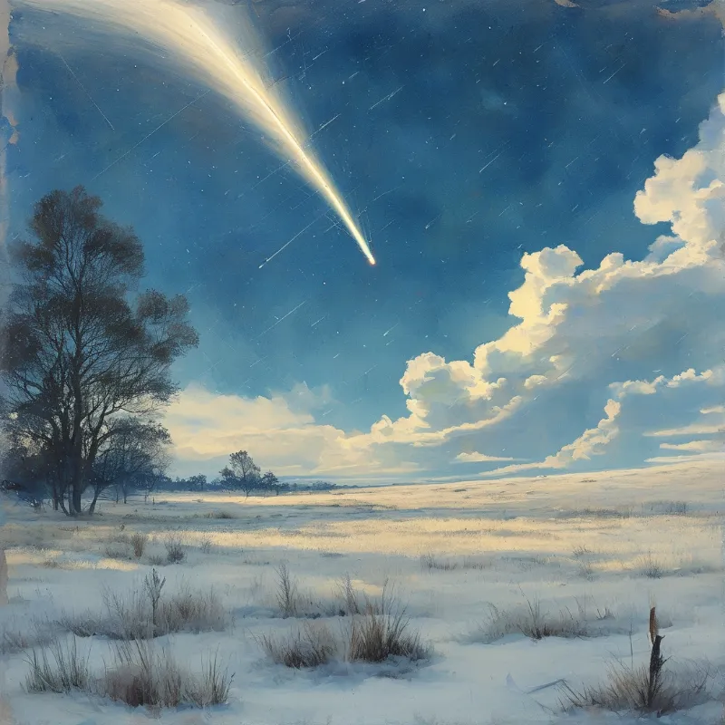A luminous meteor cuts through a dark star scattered sky above a flat frozen plain with leafless trees on the left edge.