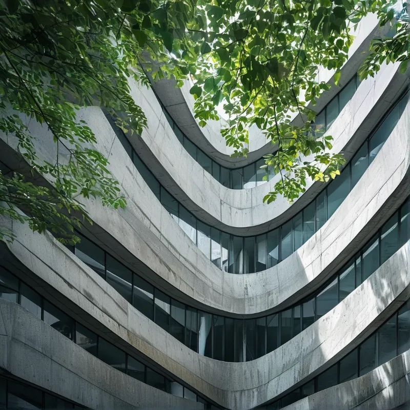 Undulating grey concrete balconies of a brutalist building are partially obscured by green leaves catching dappled sunlight