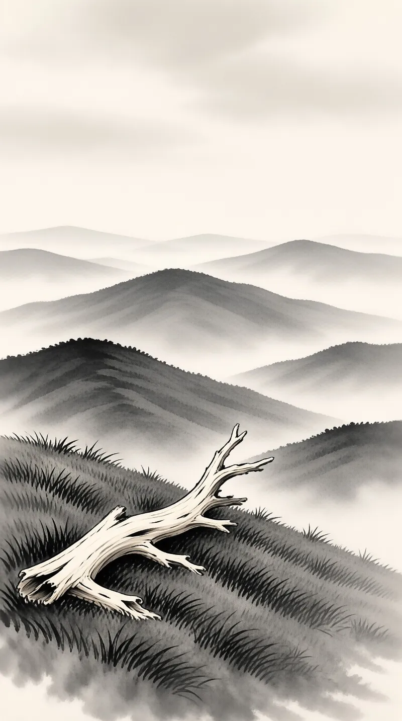 A bleached log lies on grassy terrain before layers of mountains fading into heavy fog in a monochromatic style.