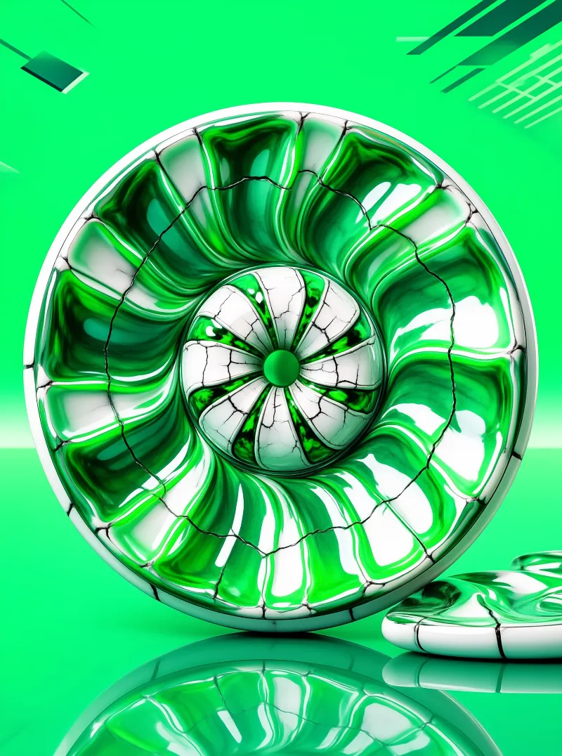 A spherical marbled green and white cracked glass object sits atop a mirrored emerald background with sharp highlights