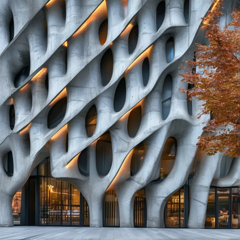 An organic undulating concrete facade with irregular openings and warm interior light, partially framed by autumn foliage on the right.