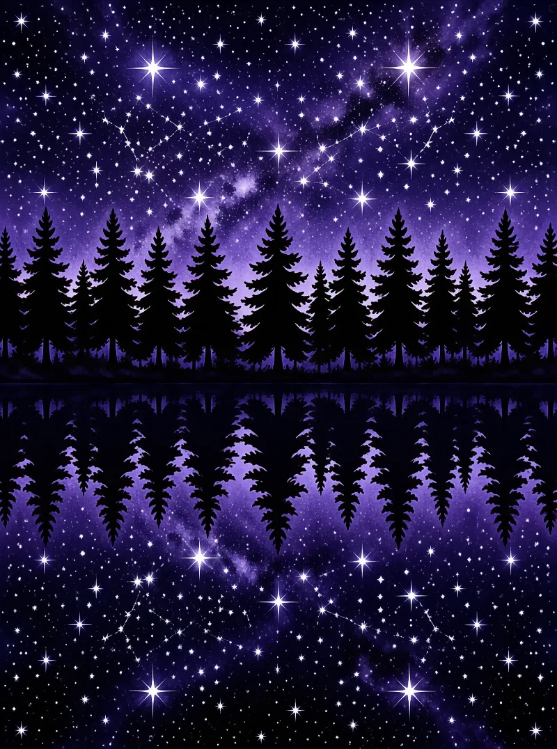 Pine trees stand against a purple night sky filled with bright stars while their reflection appears in the water below.