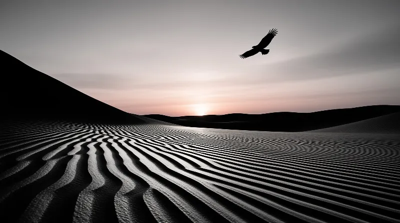 A dark bird glides across a gradient sky above undulating desert sand with distinct ripple patterns near the horizon.