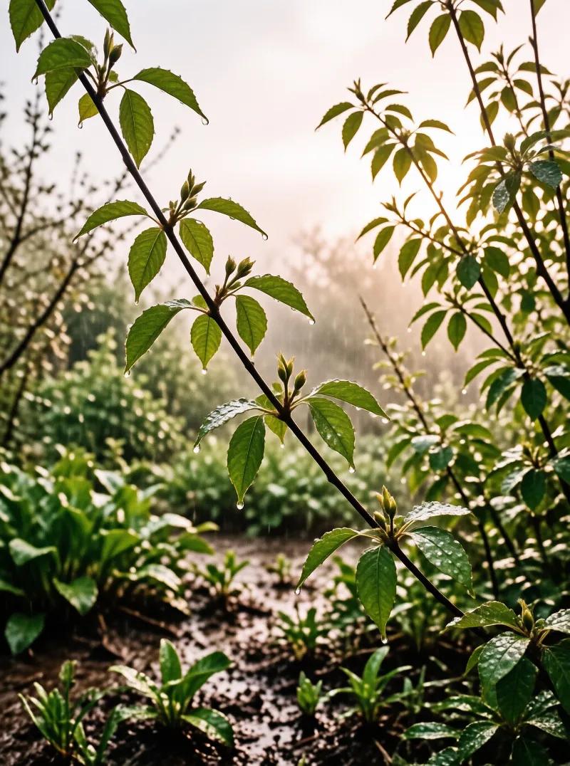 Wet foliage hangs from branches over dark soil while bright sunlight illuminates the surrounding crops.
