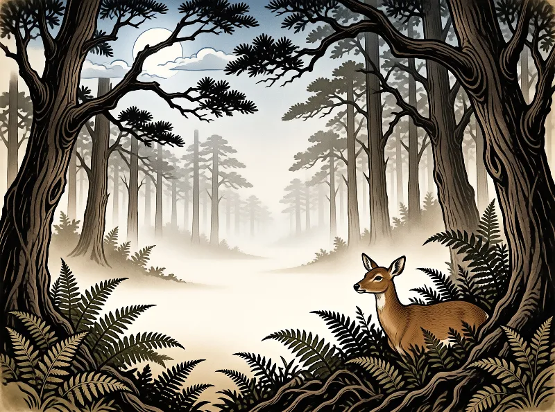A deer stands among ferns looking toward a bright misty path in a dense forest.