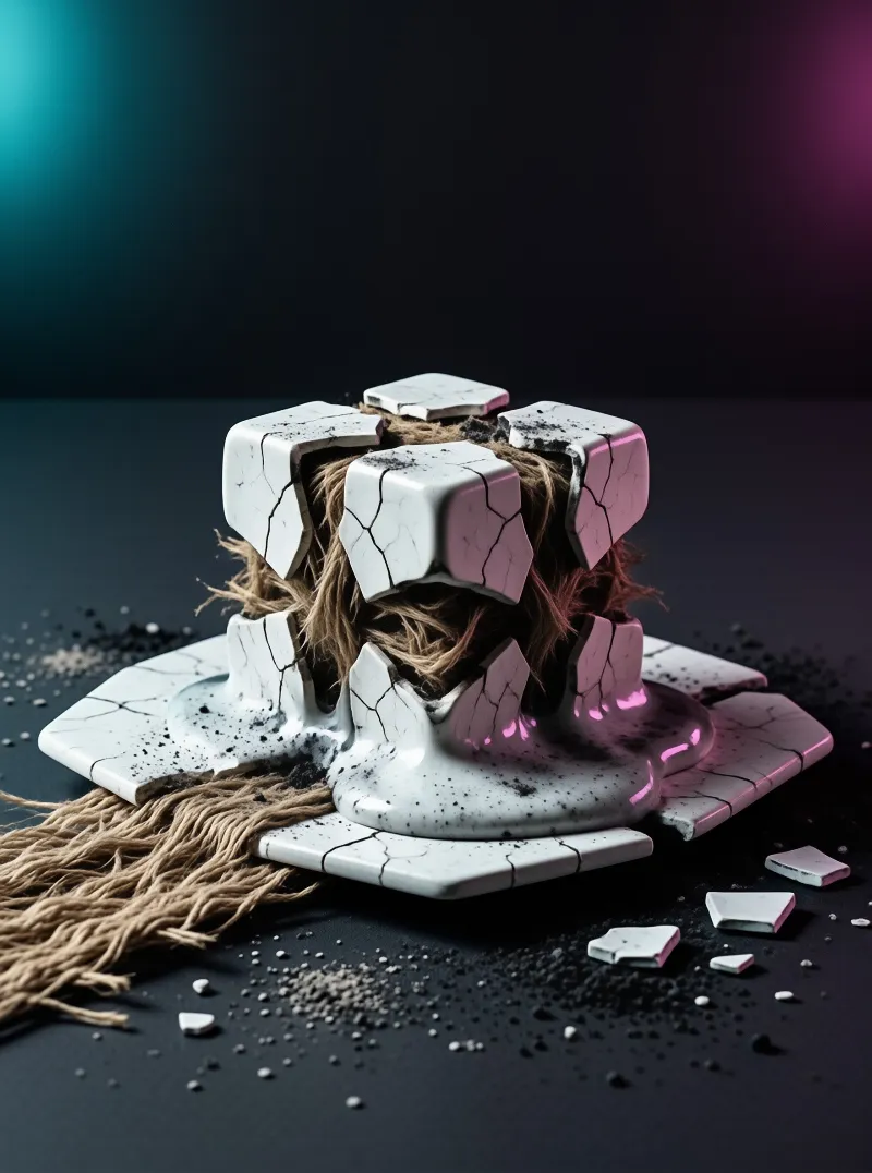 A fractured white ceramic piece spills fiber strands against a dark surface lit by cyan and magenta hues.