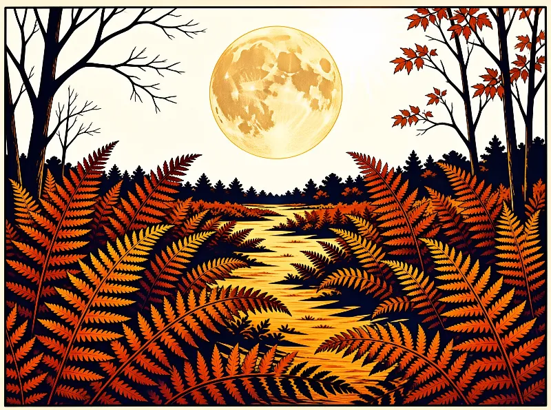 A large bright moon hangs above a dark river winding through orange ferns and trees.