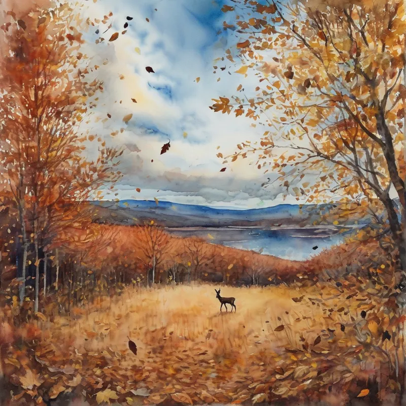 A watercolor painting showing a deer in a field surrounded by orange trees and falling leaves near a blue lake.