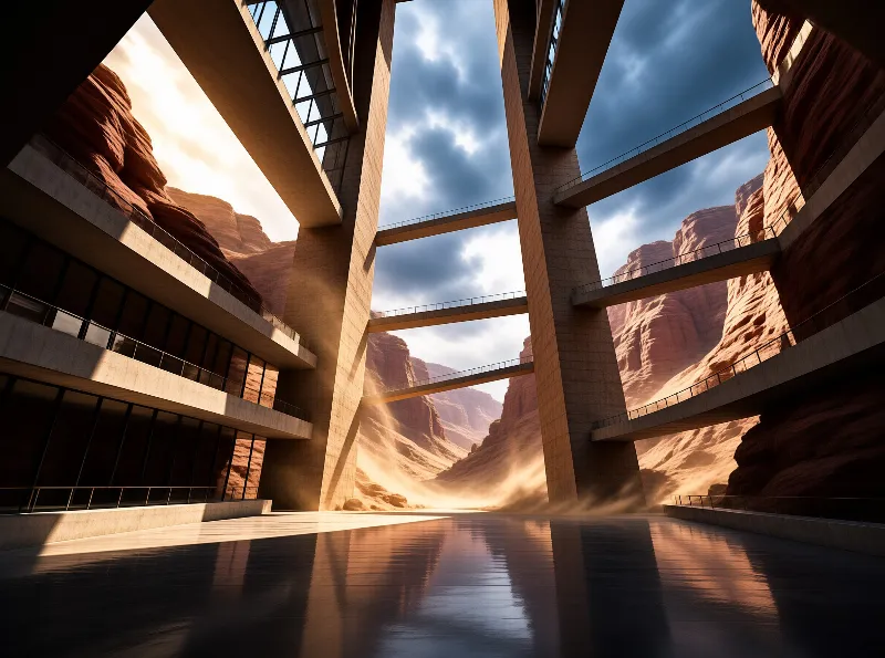 Tall concrete piers and sky bridges frame a windswept sandstone canyon with drifting dust in warm afternoon light.