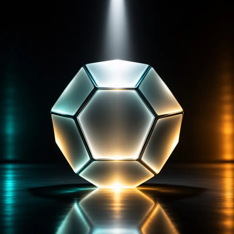 A faceted geometric sphere rests on a glossy floor with teal and amber lighting.