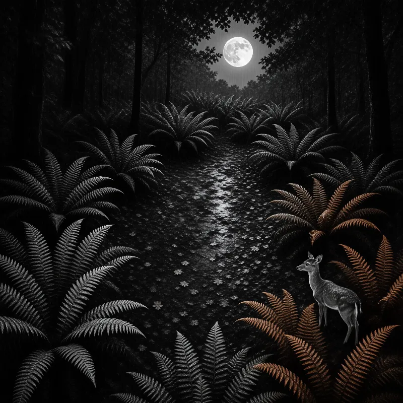 A stag stands at the edge of a dark woodland path lined with ferns while a full moon lights the way ahead