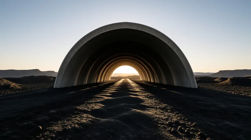 A curved concrete arch spans barren rocky desert plain, with low sunrise light throwing long shadows through its hollow span.