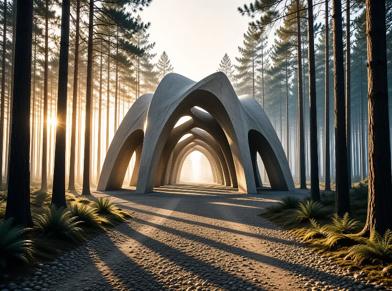 A surreal white ribbed structure stands on a gravel path surrounded by tall pine trees and glowing morning mist.
