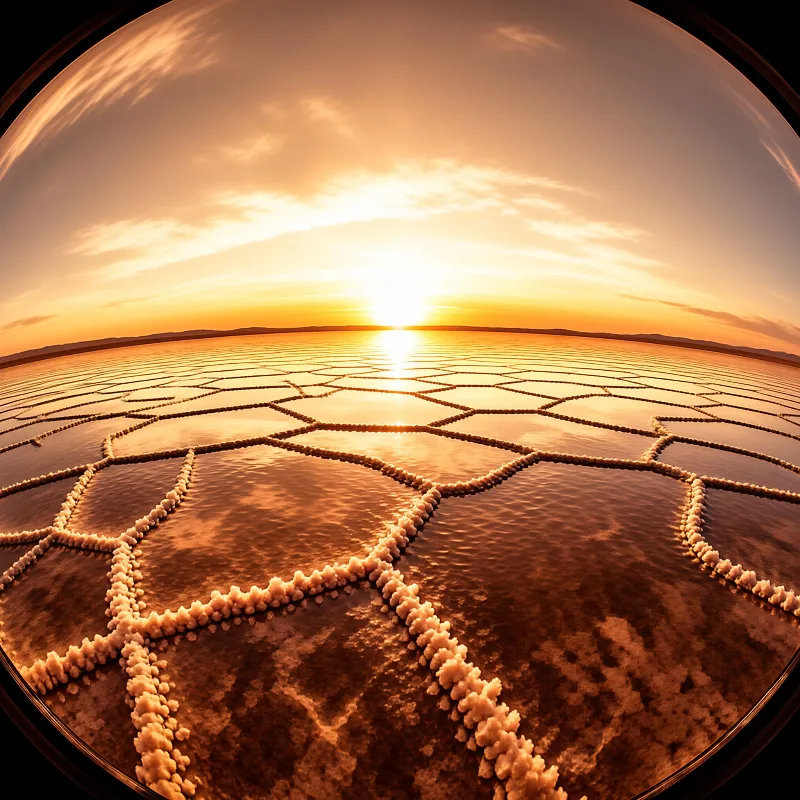Polygonal ridges of crystallised salt spread to a low sun on a mirrored desert lake under amber cloud.