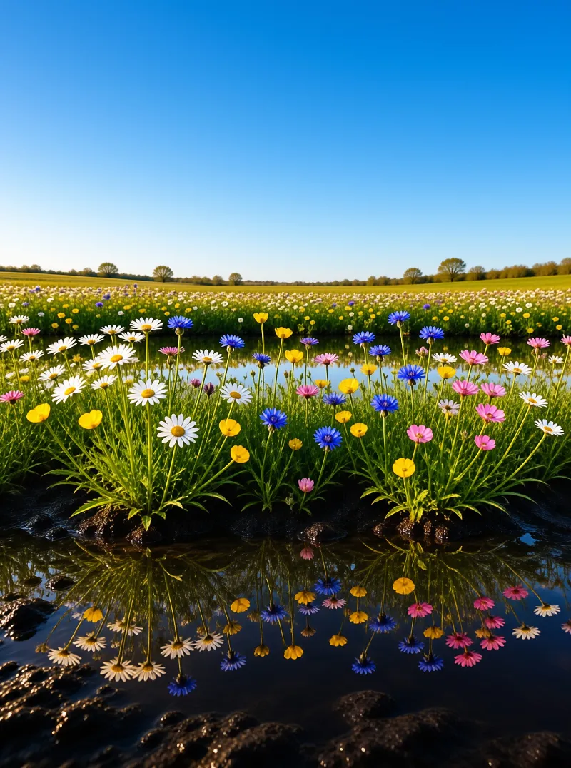 Bright colored wildflowers on grassy banks reflect clearly in calm pond water stretching across a sunlit summer meadow.