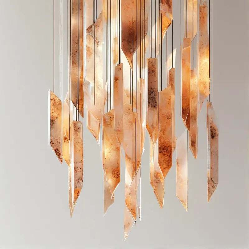 A cluster of translucent amber crystals hangs from thin black wires against a plain grey background.