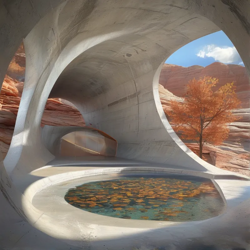 Smooth curving concrete desert retreat features a round basin full of orange leaves, opening onto red rock hills beneath a blue sky with clouds.