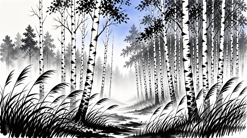 Black ink style birch trunks line a winding path that disappears into pale fog beneath a patch of blue sky.