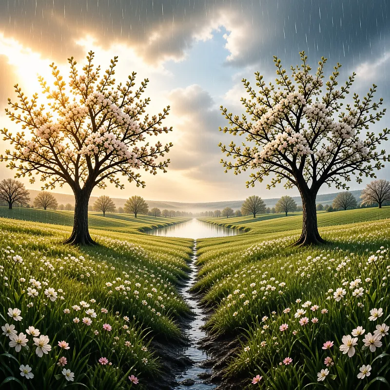 Rain falls over a green field where two flowering trees frame a narrow stream under a glowing sunrise sky