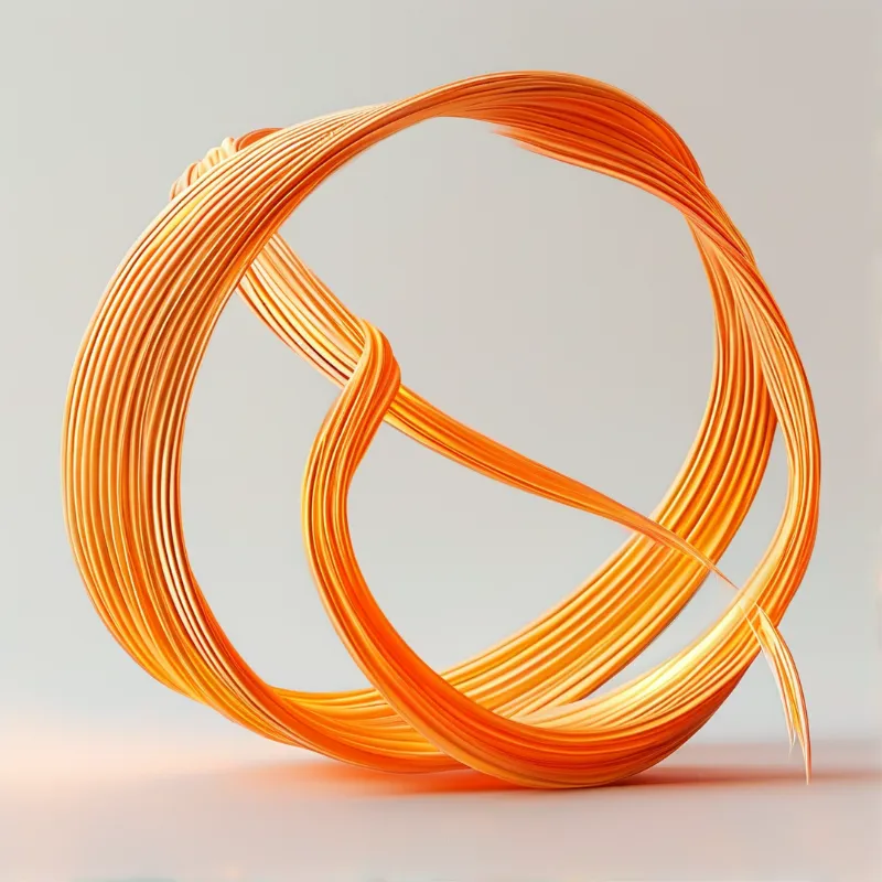 Bundles of glossy orange strands twist into open rings above a pale seamless floor with a faint warm glow.