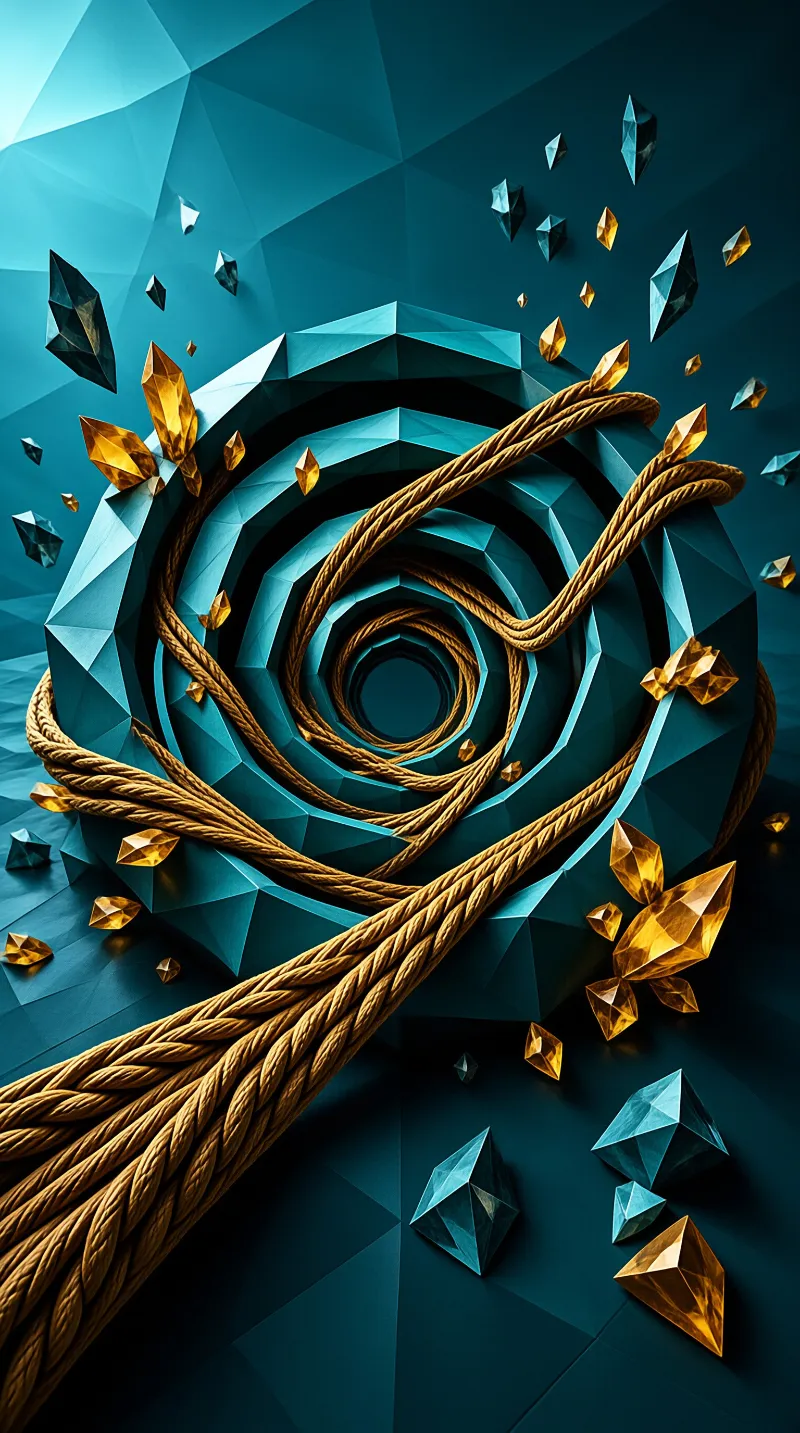 Thick ropes weave through a faceted teal spiral as glowing amber crystals float in the dark space.
