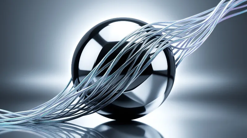 A glossy black sphere surrounded by shimmering strands against a soft gray gradient background