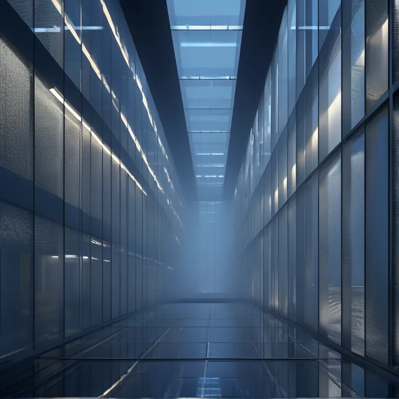 Narrow glass corridor stretches to overhead skylights, blue hazy light fills the space between reflective walls and glossy floor.