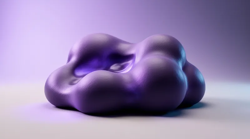 Smooth amorphous blob with iridescent purple highlights rests on a pale blurred gradient surface under soft diffuse lighting.