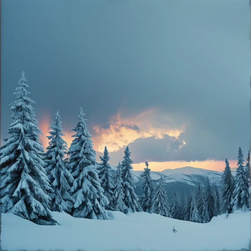 Snow laden conifers rise from a white slope beneath a sky turning pink and orange at dusk.