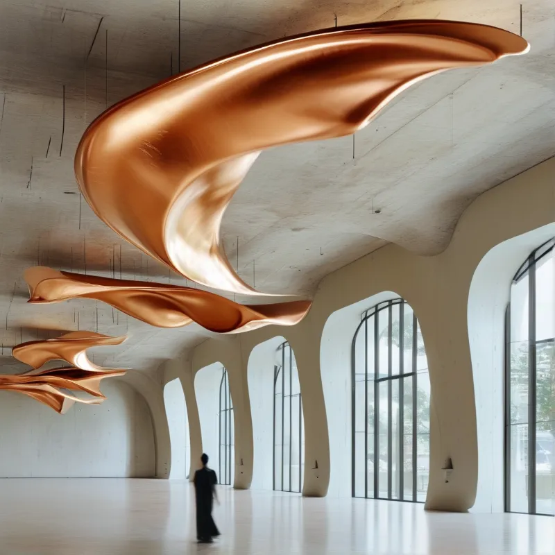 Large metallic shapes hang from a high ceiling above a solitary figure walking near tall arched windows.
