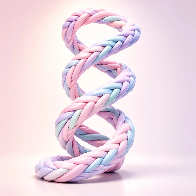 A twisted rope of shiny colors creates a vertical shape on a pink surface illuminated by soft studio light.