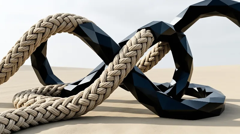 Thick beige rope intertwines with a glossy black crystal loop on sandy ground under bright light.
