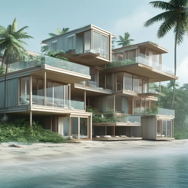A three-level beach villa with glass terraces sits on a sandy tropical shore, surrounded by coconut palms under soft sun.