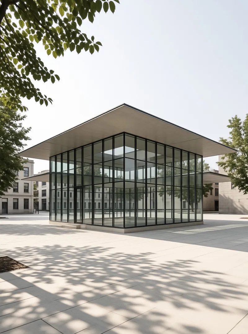 A modern glass cube structure with a white overhanging roof stands on a sunlit paved courtyard surrounded by trees.