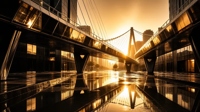 A sleek metallic walkway spans across a reflective water channel bathed in warm orange sunlight between glass skyscrapers.