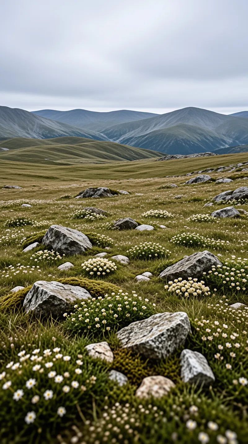 Clusters of pale alpine flowers grow between mossy grey boulders beneath rolling green hills and a soft overcast sky.