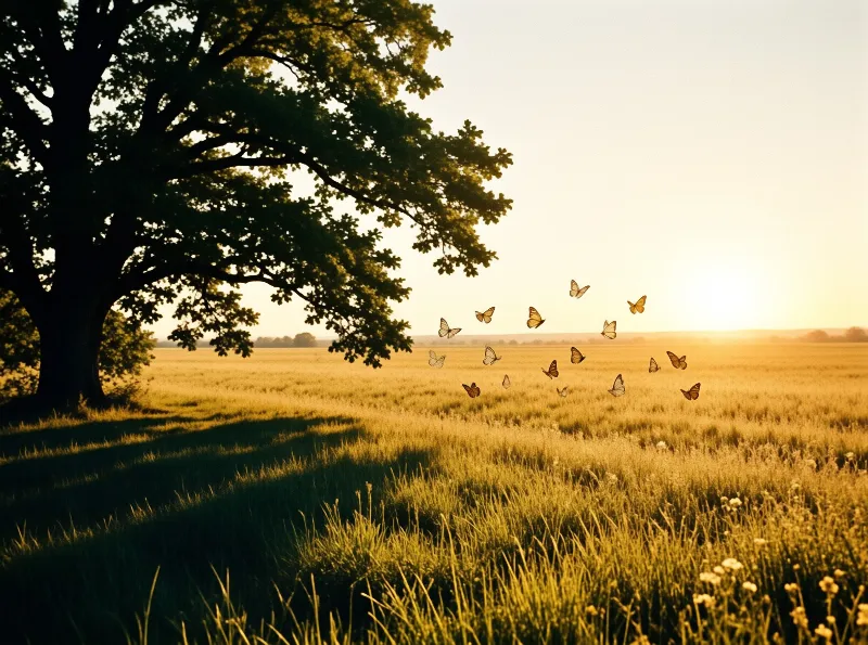 A flock of butterflies flies across a sunlit grassy field near a large tree casting long shadows during golden hour.