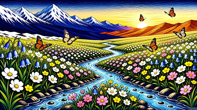 A winding blue river flows through a colorful field of wildflowers with butterflies flying near snowy mountains at sunset.