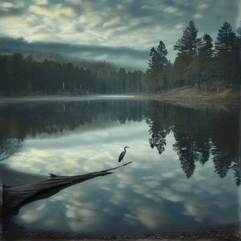 A solitary heron perches on a fallen branch entering a quiet lake that mirrors the dense trees and overcast sky above.