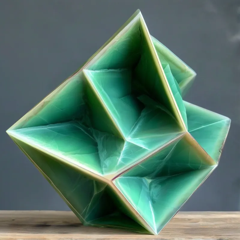 A glossy teal geometric form with sharp folded facets rests on a wood surface against a gray backdrop.