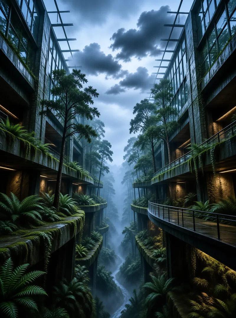 Terraced planters heavy with ferns climb misty towers inside a vast glass conservatory open to rain clouds.