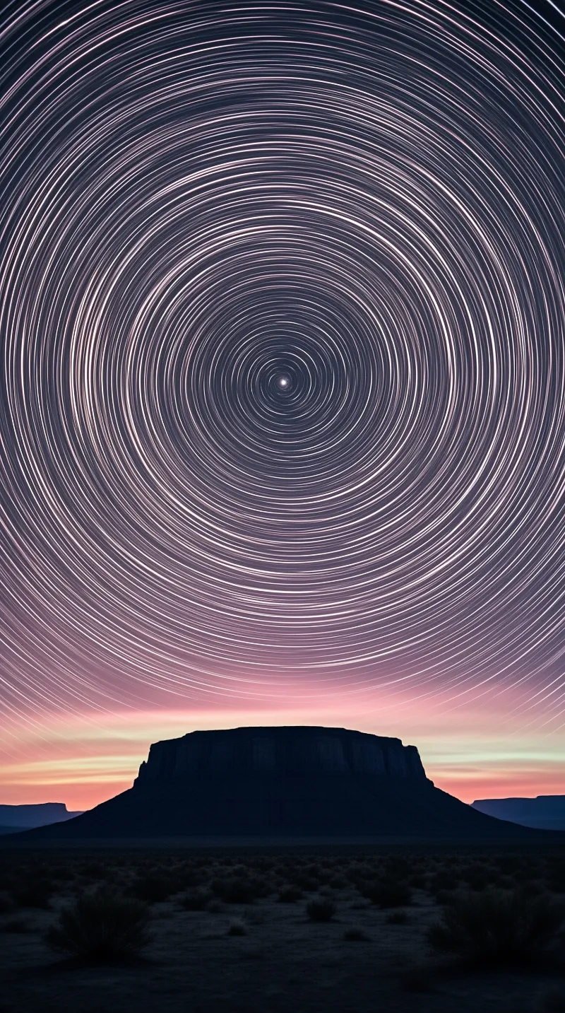 Concentric circles of light trace the sky above a flat topped rock formation as the horizon glows with warm twilight colors.