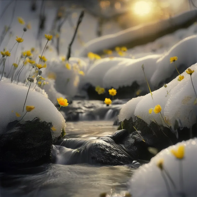 Bright yellow small flowers grow among snow capped rocks beside a thin flowing stream under warm slanting sunset light.