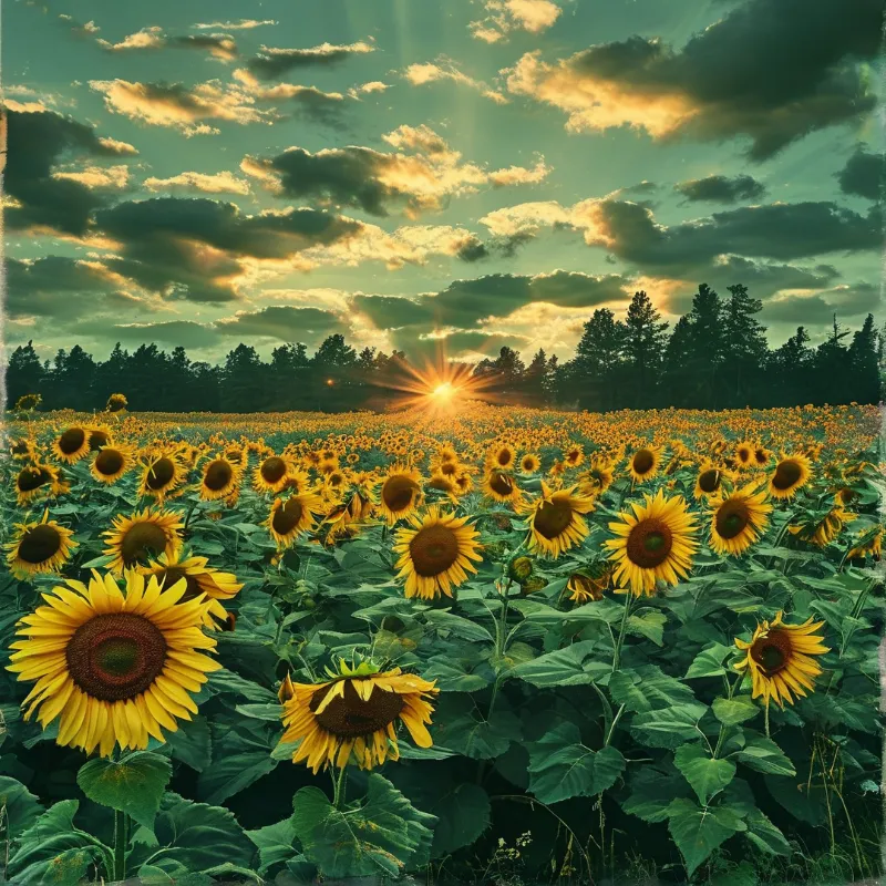 Extensive sunflower field under a dramatic sky with sun rays breaking through clouds near the treeline.