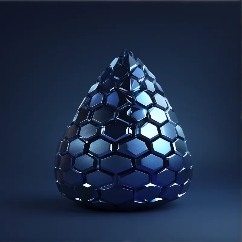 A faceted blue honeycomb structure sits on a dark surface with bright highlights reflecting off its geometric faces.